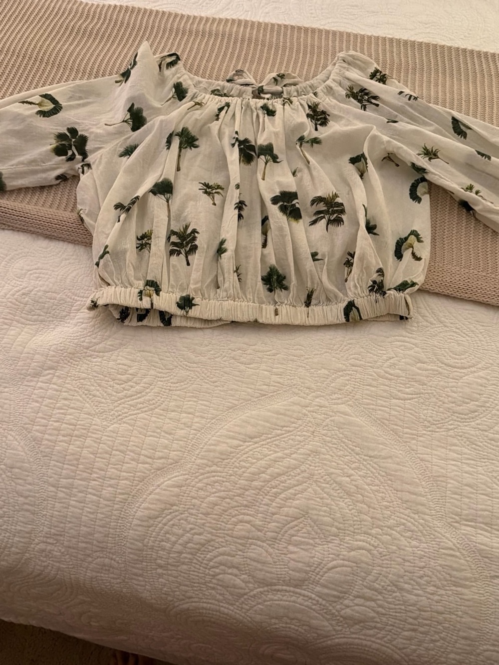 White Cropped Off-Shoulder Top with Green Palm Print